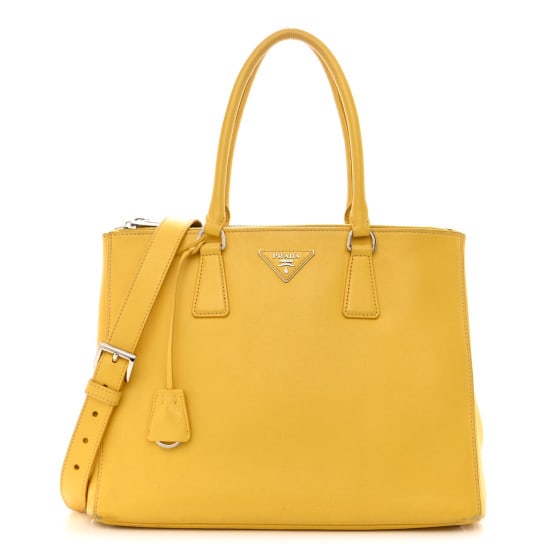 Prada City Calf Medium Galleria: Prada City Calf Medium Galleria Double Zip Tote Yellow SKU no: RBJ1435168 Condition: Good Condition Details: Interior: Residue marks, surface wear, stain(s), Exterior: Corner wear, creases, scuffs, st