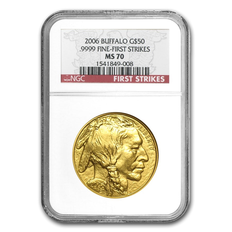 2006 1 oz Gold Buffalo MS-70: 2006 1 oz Gold Buffalo MS-70 NGC (First Strikes) SKU no: RBJ17870 Year: 2006 Grade Service: NGC Denomination: $50.00 Metal Content: 1 troy oz Purity: .9999 Thickness: 2.95 mm Dia