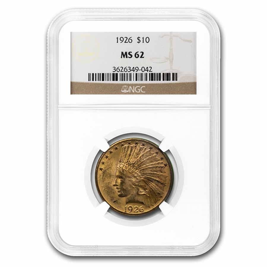 1926 $10 Indian Gold Eagle MS-62: 1926 $10 Indian Gold Eagle MS-62 NGC SKU no: RBJ15519 Year: 1926 Grade Service: NGC Denomination: $10 Metal Content: 0.4838 troy oz Purity: .900 Thickness: 2.03 mm Diameter: 27 m