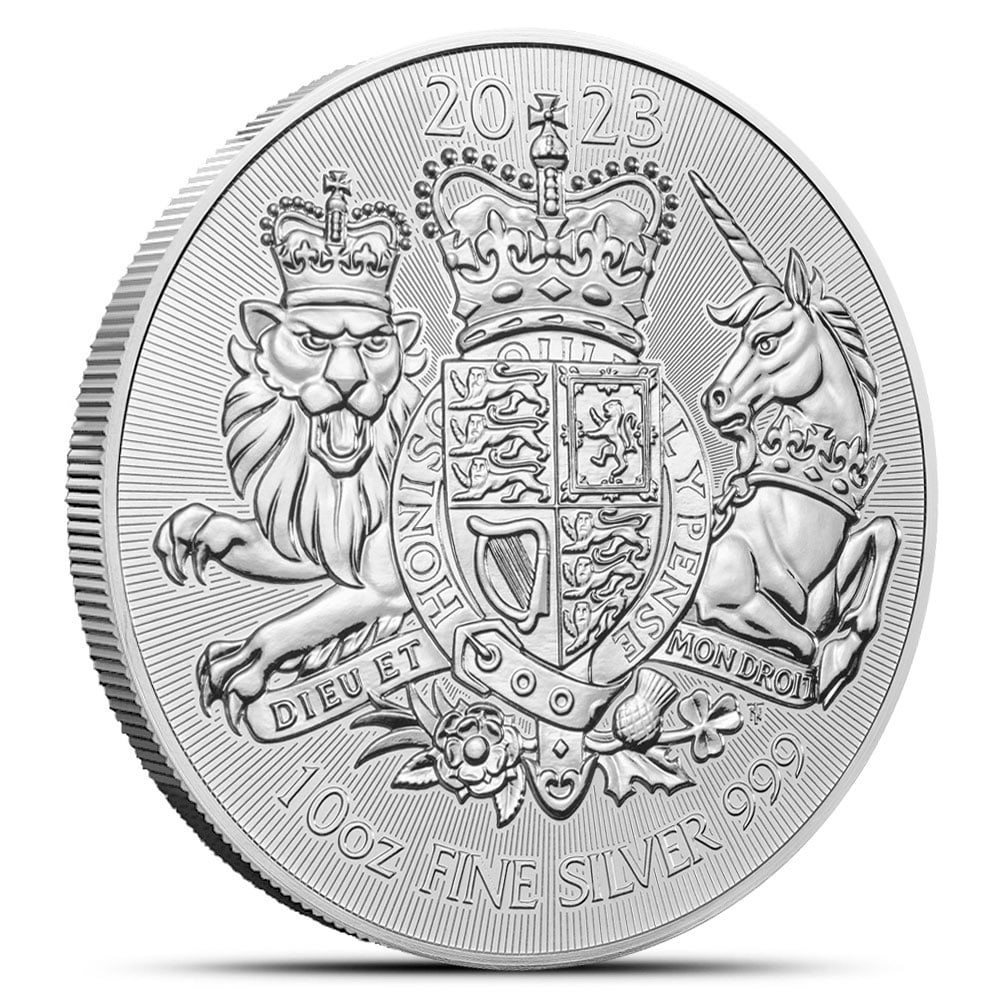 2023 10 oz British Silver Royal: 2023 10 oz British Silver Royal Arms Coin (BU) SKU no: RBJ5003834 Year: 2023 Mint Mark: Not Shown Purity: .999 Manufacturer: The Royal Mint Thickness: 6 mm Diameter: 89 mm Condit