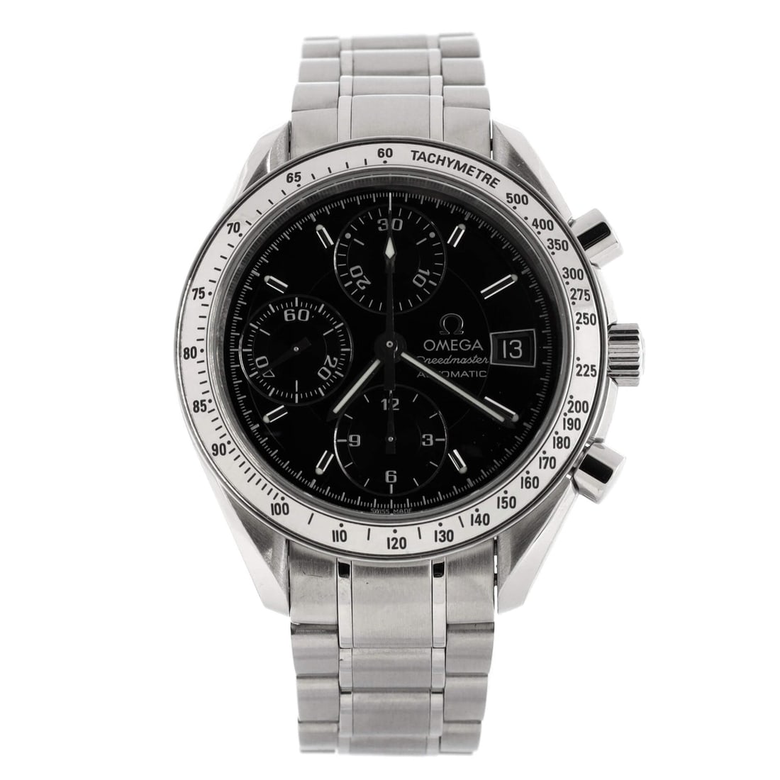Omega Speedmaster Date Chronograph Automatic: Omega Speedmaster Date Chronograph Automatic Watch Stainless Steel 39 Dial Color: Black Band Color: Silver Band Material: Stainless Steel Case Material: Stainless Steel Bezel Material: Stainless Steel