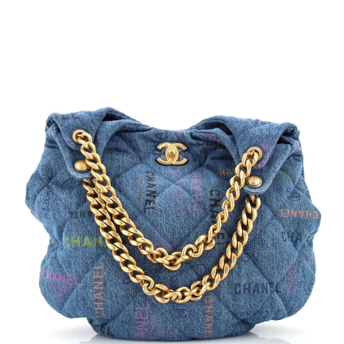 Chanel Denim Mood Hobo Logo: Chanel Denim Mood Hobo Logo Printed Quilted Denim Maxi Exterior Color: Blue Interior Color: Blue Exterior Material: Denim Interior Material: Denim Hardware Color: Gold Accessories: Dust bag <b