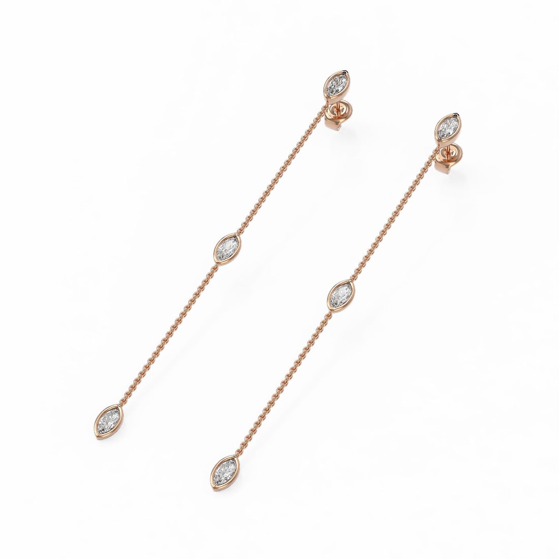 1.5 ctw Marquise Diamond Station Earrings 18K Rose Gold: 1.5 ctw Marquise Diamond Station Earrings 18K Rose Gold Item: Diamond Stud Total Gem weight: 1.5 carats Metal: Solid 18K Rose Gold Gold Product Weight: Approx. 3.3 grams Jewelry Note: Stud Si
