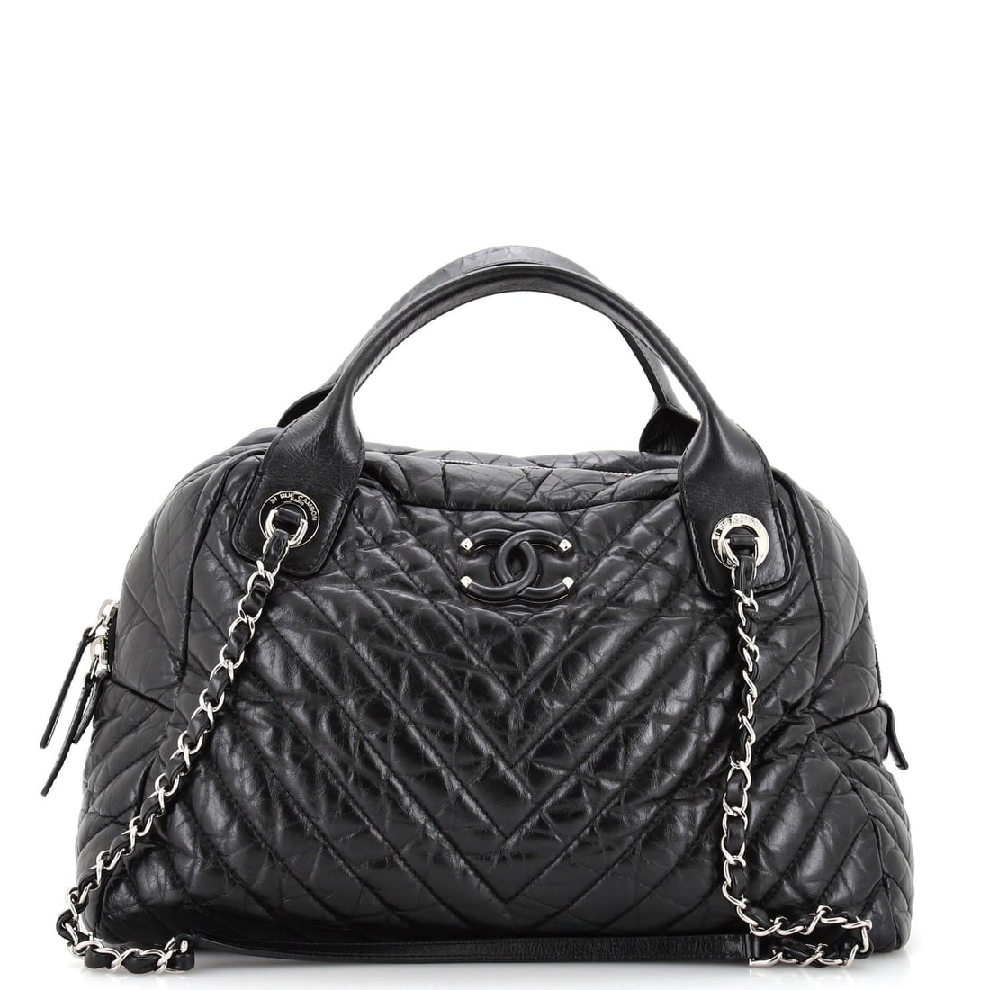 Chanel Soft Bowling Bag Chevron: Chanel Soft Bowling Bag Chevron Aged Calfskin Medium Exterior Color: Black Interior Color: Black Exterior Material: Leather Interior Material: Fabric Hardware Color: Silver Accessories: Authentici
