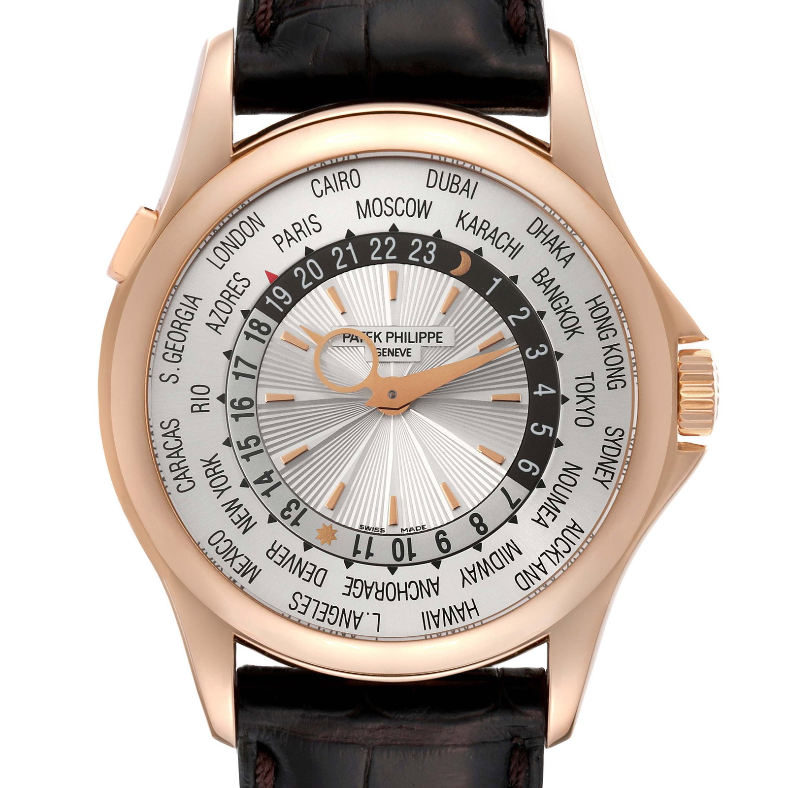 Patek Philippe World Time Complications: Patek Philippe World Time Complications Rose Gold Watch 5130 SKU no: RBJ60508 Brand: Patek Philippe Model Name: Patek Philippe World Time Complications Rose Gold Watch 5130 Model Number: 5130R-001 Ser
