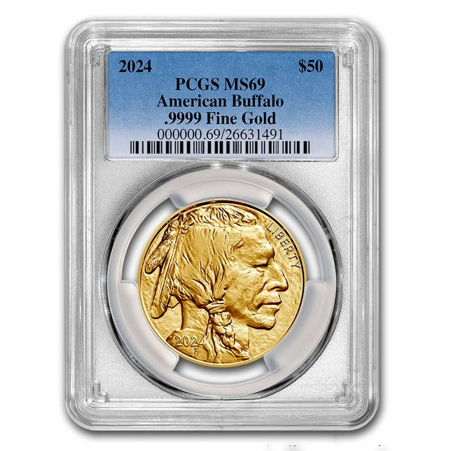 2024 1 oz Gold Buffalo: 2024 1 oz Gold Buffalo MS-69 PCGS SKU no: RBJ284499 Year: 2024 Grade: MS-69 Grade Service: PCGS Denomination: 50 Dollars Mint Mark: Not Shown Metal Content: 1 troy oz Purity: .99