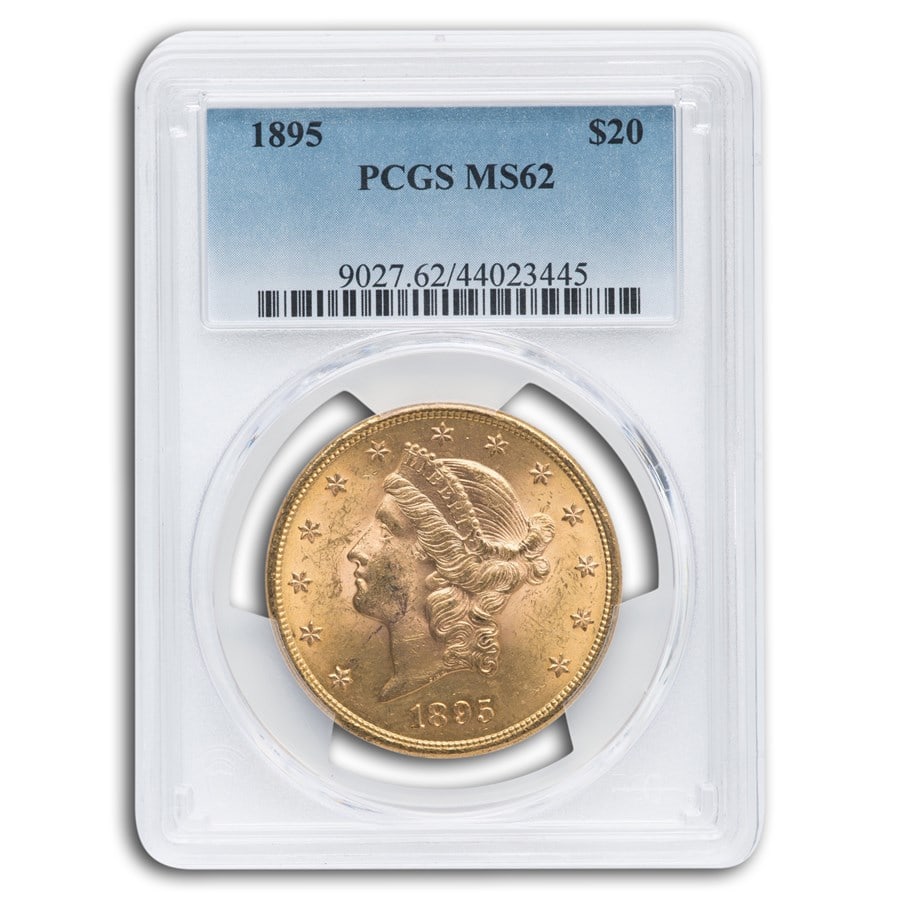 1895 $20 Liberty Gold Double: 1895 $20 Liberty Gold Double Eagle MS-62 PCGS SKU no: RBJ10244 Year: 1895 Grade Service: PCGS Denomination: $20.00 Metal Content: 0.9675 troy oz Purity: .900 Thickness: 2.41 mm D