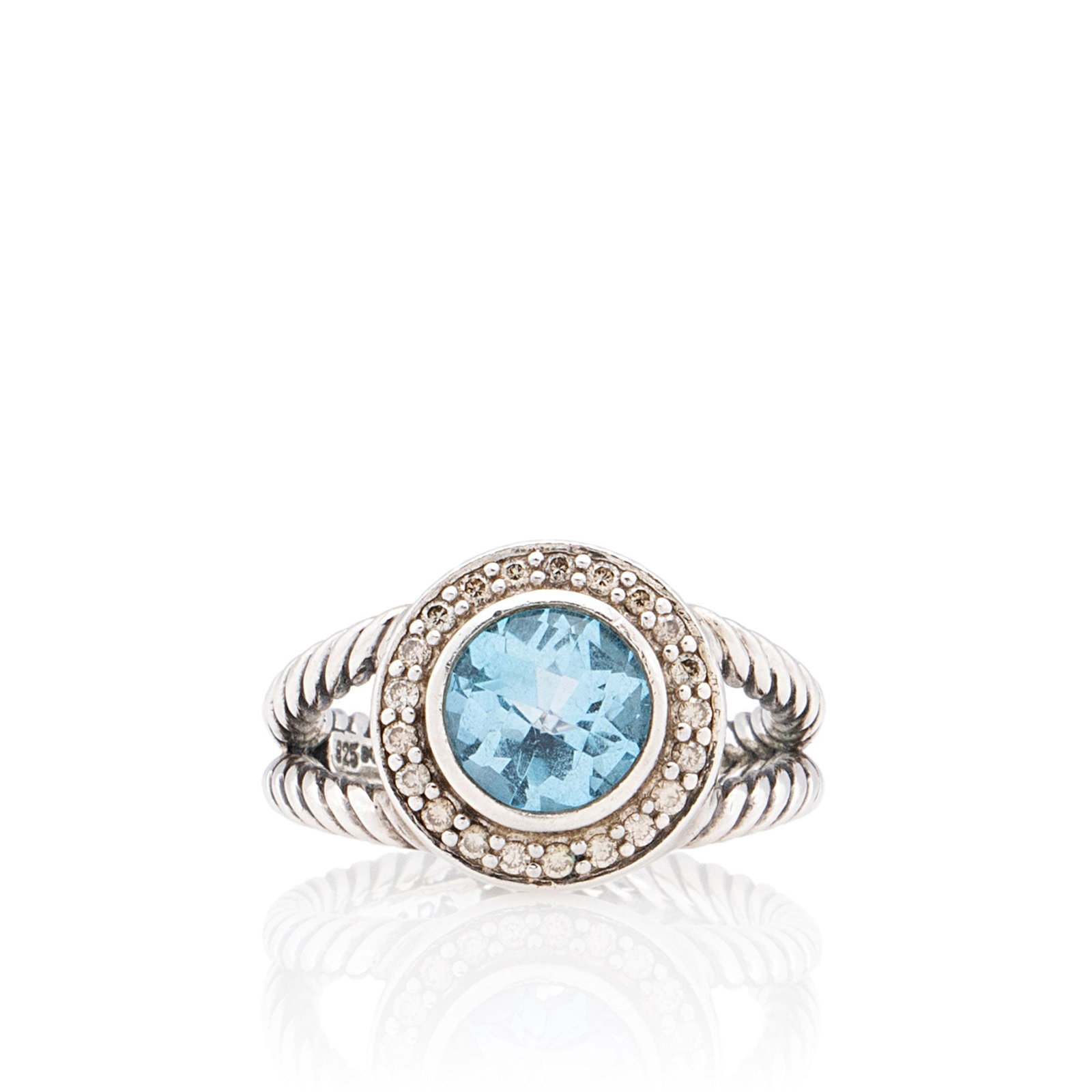 David Yurman Sterling Silver Diamond: David Yurman Sterling Silver Diamond Blue Topaz 8mm Petite Cerise Ring - Size 7 1/2 Condition Quality: Minor surface scratches throughout. Size: 7 1/2 Width: 0.25" Type of Material: Sterling Silver, D