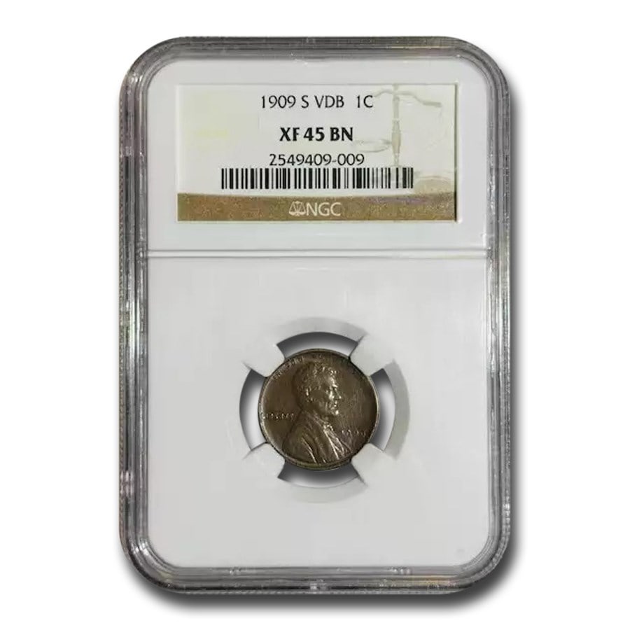 1909-S VDB Lincoln Cent XF-45: 1909-S VDB Lincoln Cent XF-45 NGC (Brown) SKU n: RBJ98807 Year: 1909 Grade Service: NGC Denomination: 1 Cent Metal Content: 0 troy oz Purity: N/A Thickness: 1.50 mm Diameter: 19