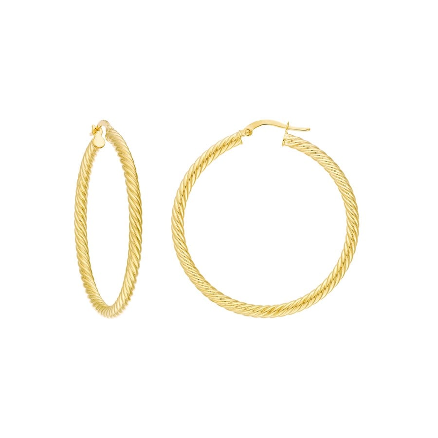 14K Yellow Gold 3 X: 14K Yellow Gold 3 X 40 mm Rope Twist Hoops SKU n: RBJ242791 Purity: 14K Finish: Polished Earring Closure: Hinge Earring Type: Hoops