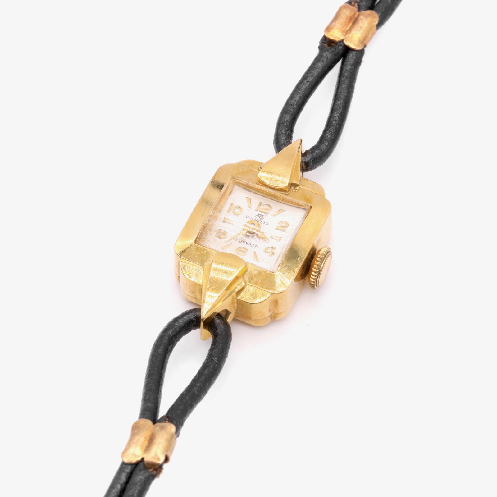 Vintage 18K Yellow Gold Square: Vintage 18K Yellow Gold Square Bucherer Swiss Watch with White Face Case Material: 18k Gold, Yellow Gold Weight: 10.3 g Strap Material: Leather Case Shape: Square Movement: Manual Wind Period: 195