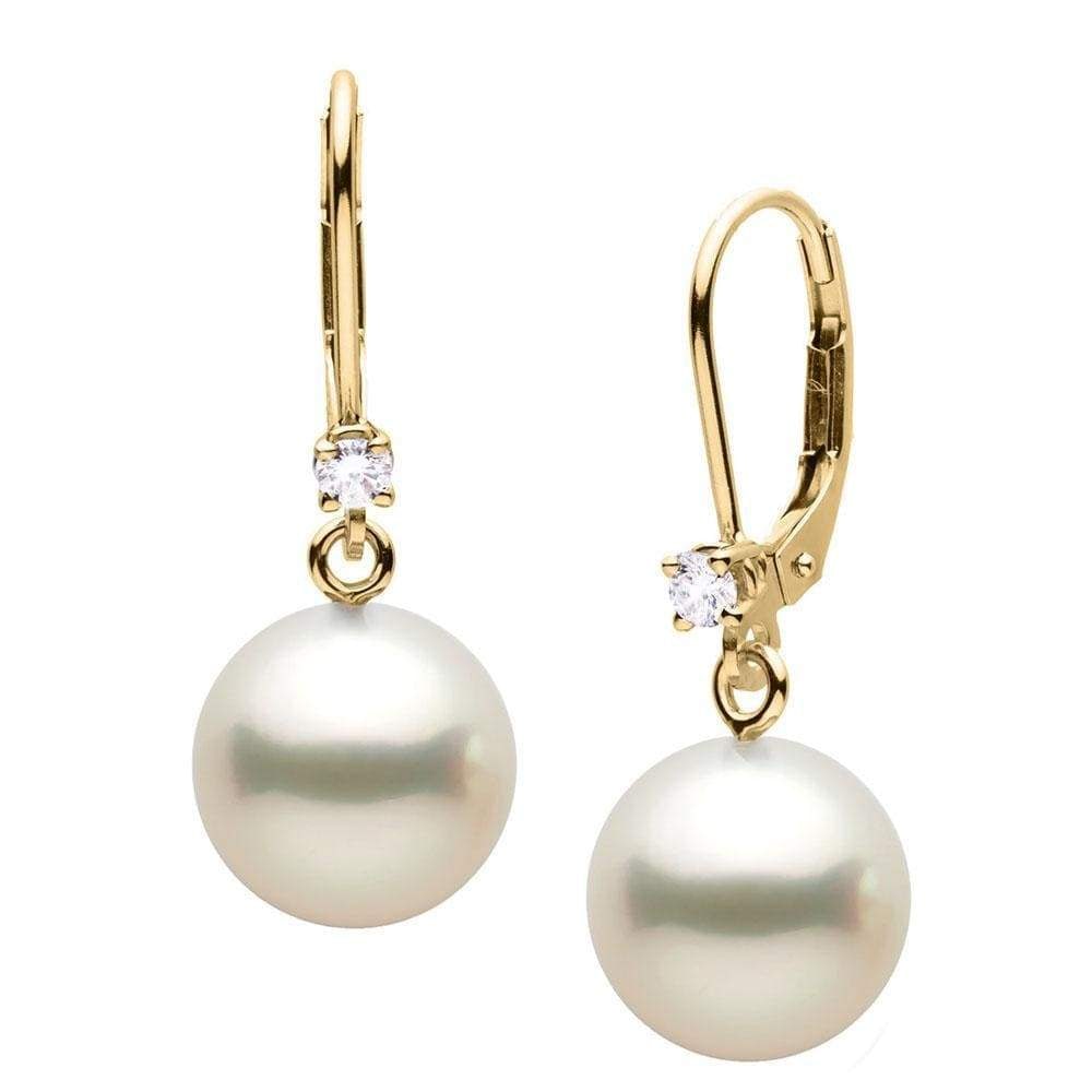 White South Sea Pearl and Diamond Leverback Dangle Earrings: White South Sea Pearl and Diamond Leverback Dangle Earrings 14K Yellow Gold / 10.0-11.0mm