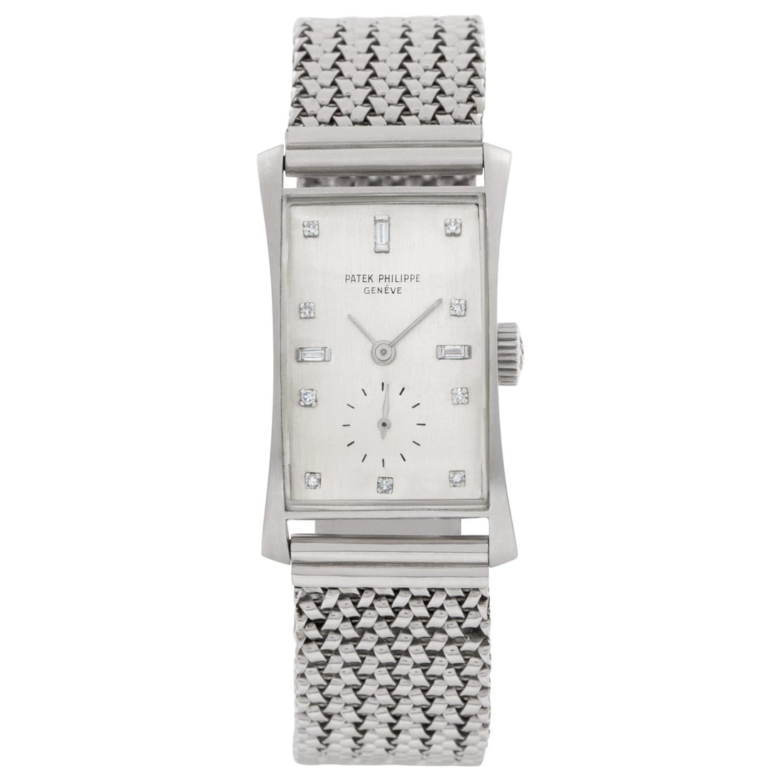 Patek Philippe Tegola "Hour Glass": Patek Philippe Tegola "Hour Glass" 1593 Platinum Silver Dial Manual Watch BRAND: Patek Philippe Case Material: Platinum, Silver Case Shape: Rectangle Movement: Manual Wind Case Dimensions: Width: 0.85