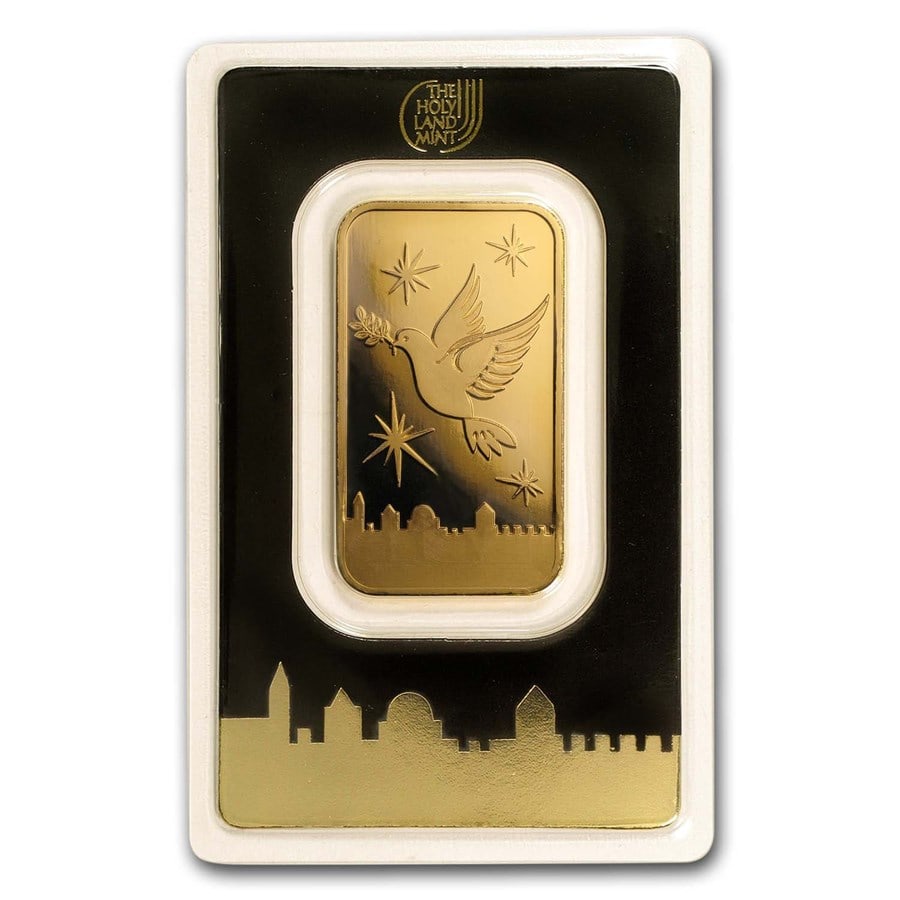 1 oz Gold Bar -: 1 oz Gold Bar - Holy Land Mint Dove of Peace (In Assay) SKU n: RBJ167445 Year: N/A Grade: None Grade Service: Assay Card Mint Mark: Not Shown Metal Content: 1 troy oz Purity: .9999