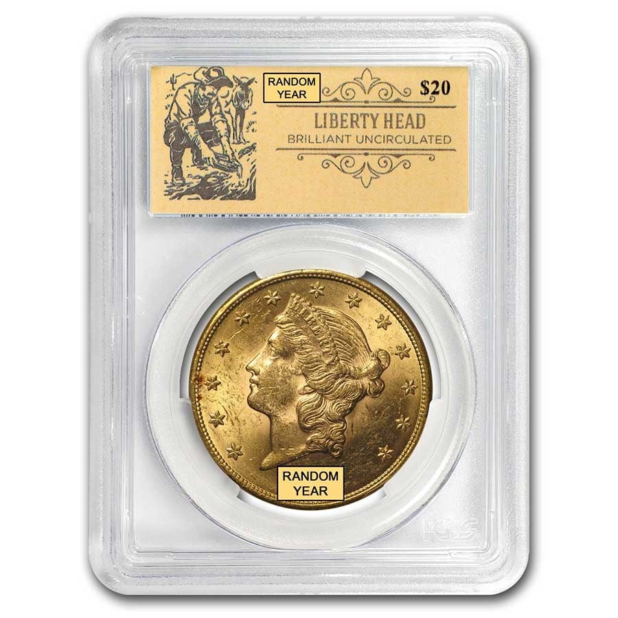$20 Liberty Gold Double Eagle: $20 Liberty Gold Double Eagle BU PCGS (Random, Prospector Label) SKU n: RBJ153582 Year: Random Grade: Brilliant Unc Grade Service: PCGS Denomination: 20 Dollars Mint Mark: Varies Metal Co