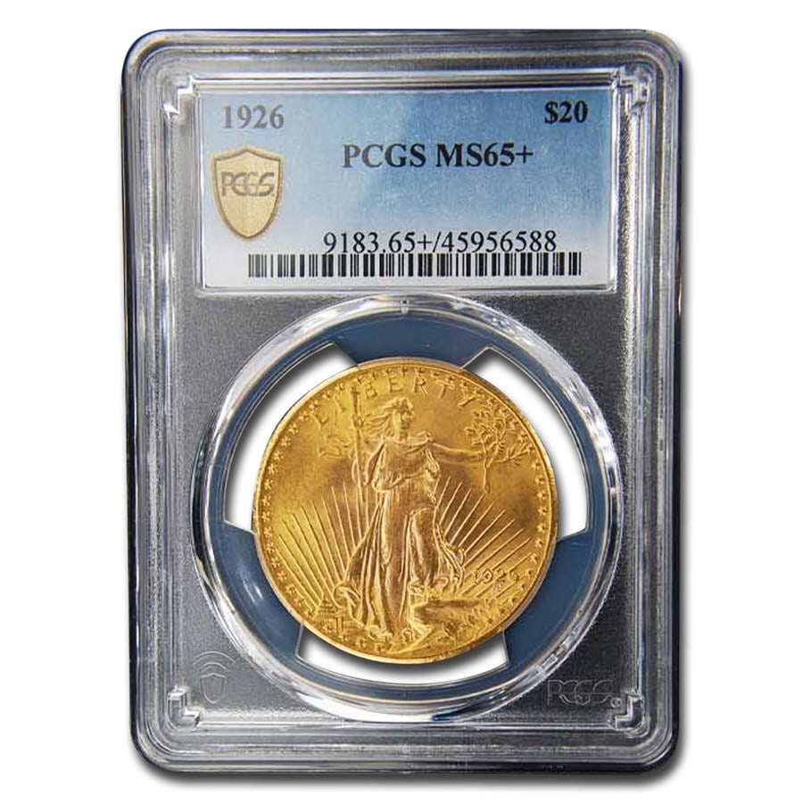 1926 $20 St Gaudens Gold: 1926 $20 St Gaudens Gold Double Eagle MS-65+ PCGS SKU n: RBJ64716 Year: 1926 Grade Service: PCGS Denomination: 20 Dollars Metal Content: 0.9675 troy oz Purity: .900 Thickness: 2.41 mm