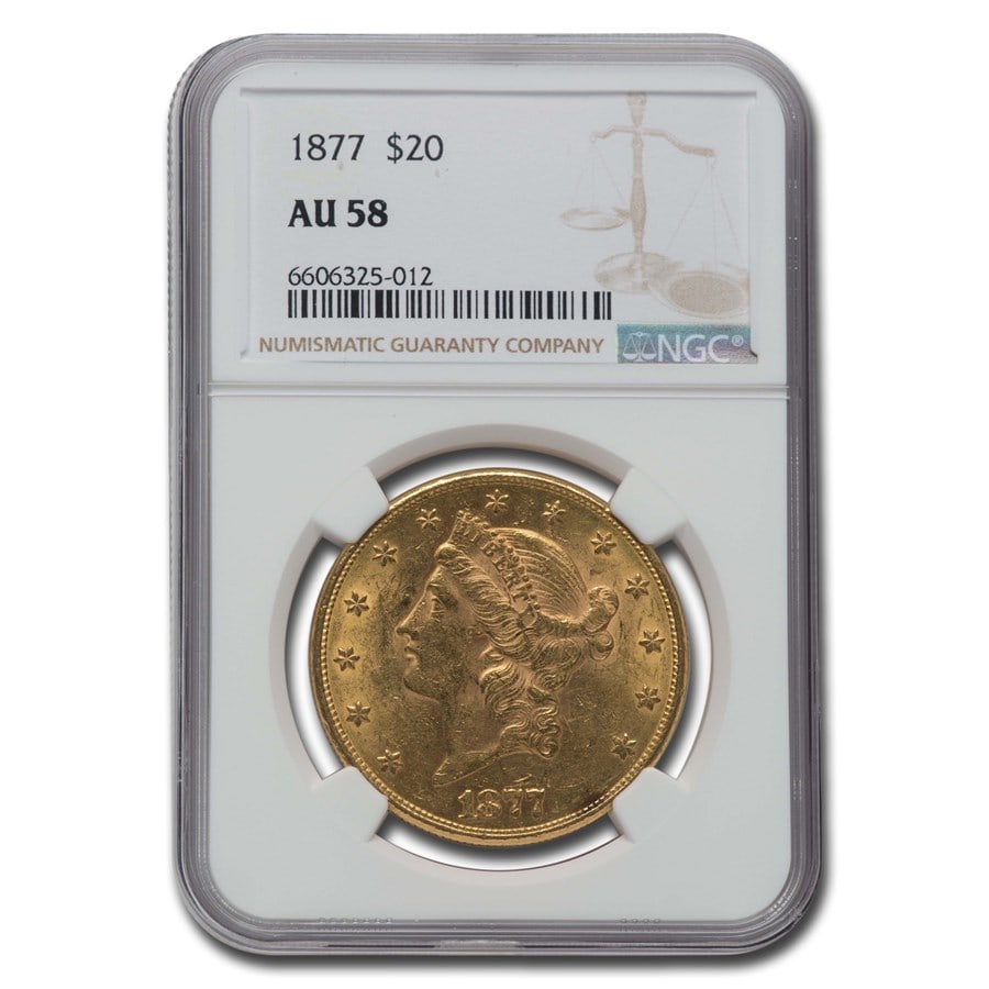 1877 $20 Liberty Gold Double: 1877 $20 Liberty Gold Double Eagle AU-58 NGC SKU n: RBJ24939 Year: 1877 Grade Service: NGC Denomination: $20.00 Metal Content: 0.9675 troy oz Purity: .900 Thickness: 2.41 mm Diam