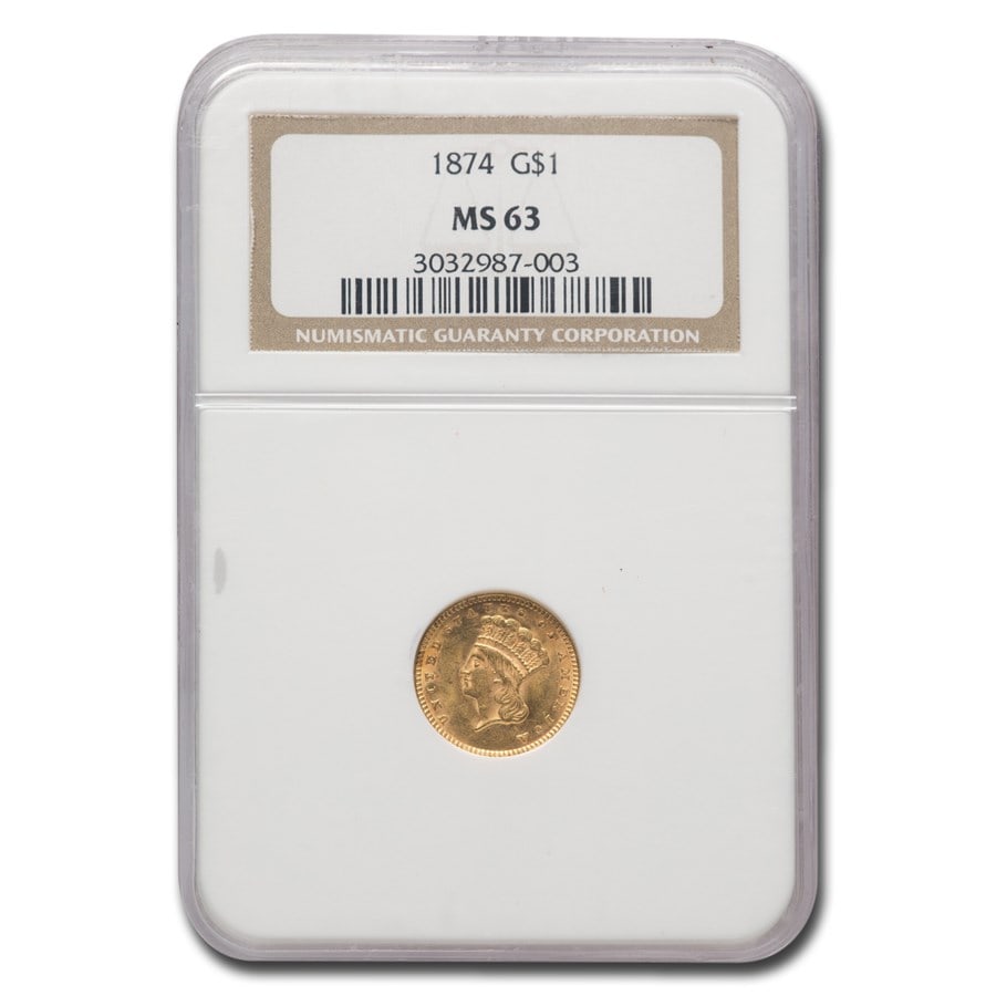 1874 $1 Indian Head Gold: 1874 $1 Indian Head Gold MS-63 NGC SKU n: RBJ163372 Year: 1874 Grade Service: NGC Denomination: 1 Dollar Metal Content: 0.0484 troy oz Purity: .900 Thickness: 0.76 mm Diameter: 1