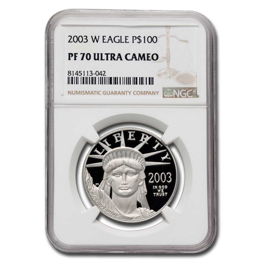 2003-W 1 oz Proof American: 2003-W 1 oz Proof American Platinum Eagle PF-70 UCAM NGC SKU n: RBJ66842 Year: 2003 Grade Service: NGC Denomination: 100 Dollars Metal Content: 1 troy oz Purity: .9995 Thickness: 2.38 mm