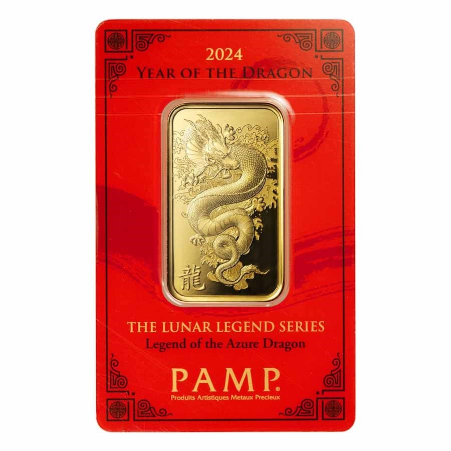 2024 1 oz Gold Bar: 2024 1 oz Gold Bar - PAMP Lunar Legends Azure Dragon (In Assay) SKU n: RBJ284602 Year: 2024 Grade: None Grade Service: Assay Card Mint Mark: N/A - Not Available Metal Content: 1 troy oz P