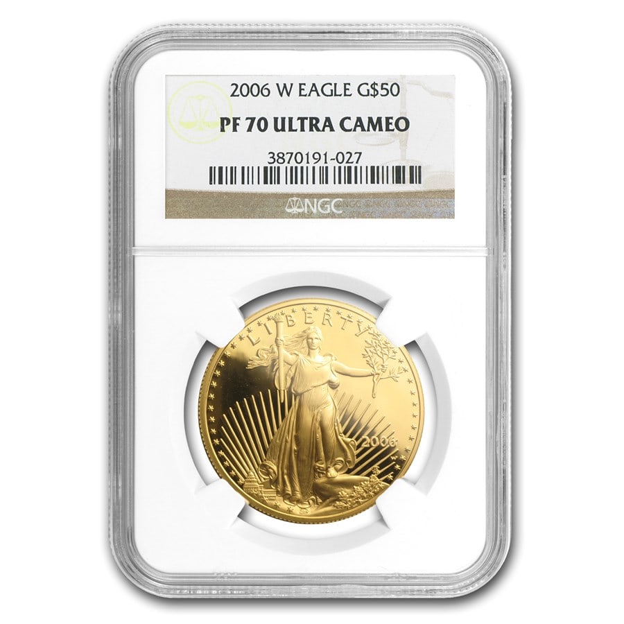 2006-W 1 oz Proof American: 2006-W 1 oz Proof American Gold Eagle PF-70 UCAM NGC SKU n: RBJ19386 Year: 2006 Grade Service: NGC Denomination: $50 Metal Content: 1 troy oz Purity: .9167 Thickness: 2.87 mm Dia
