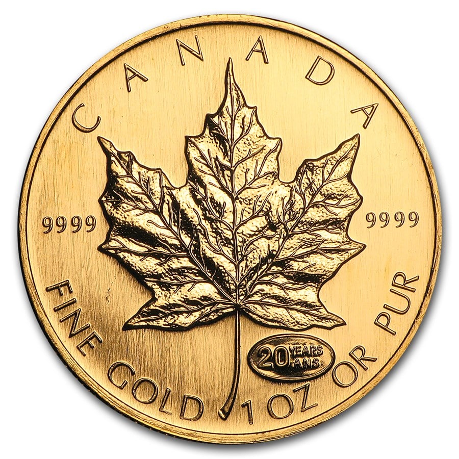 1999 Canada 1 oz Gold: 1999 Canada 1 oz Gold Maple Leaf BU (20 Years ANS Privy) SKU n: RBJ74660 Year: 1999 Grade: Brilliant Unc Grade Service: None Denomination: $50 Mint Mark: RCM (Not Shown) Metal Content: 1