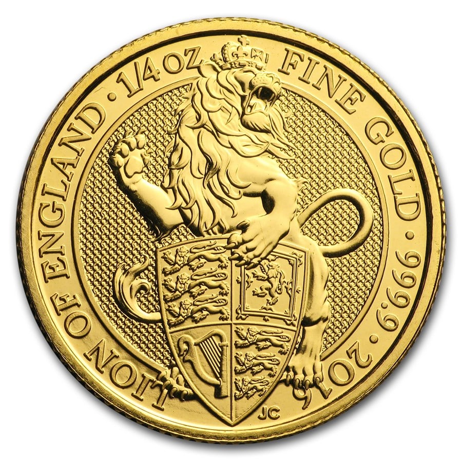 1/4 oz Gold Queens Beasts: 1/4 oz Gold Queens Beasts (Random, Abrasions) SKU n: RBJ116223 Year: Random Grade: Brilliant Unc Grade Service: None Denomination: 25 Pounds Mint Mark: Not Shown Metal Content: 0.25 troy