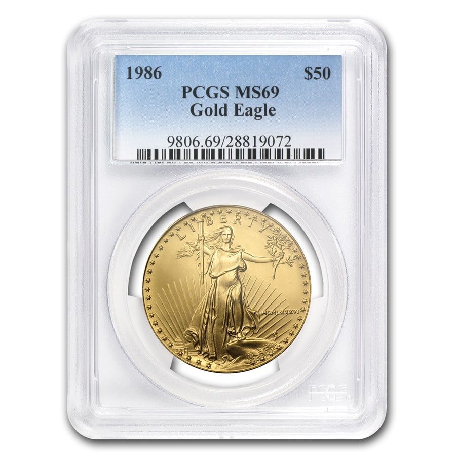 1986 1 oz American Gold: 1986 1 oz American Gold Eagle MS-69 PCGS SKU n: RBJ11208 Year: 1986 Grade: MS-69 Grade Service: PCGS Denomination: 50 Dollars Mint Mark: W - West Point (Not Shown) Metal Content: 1 troy o