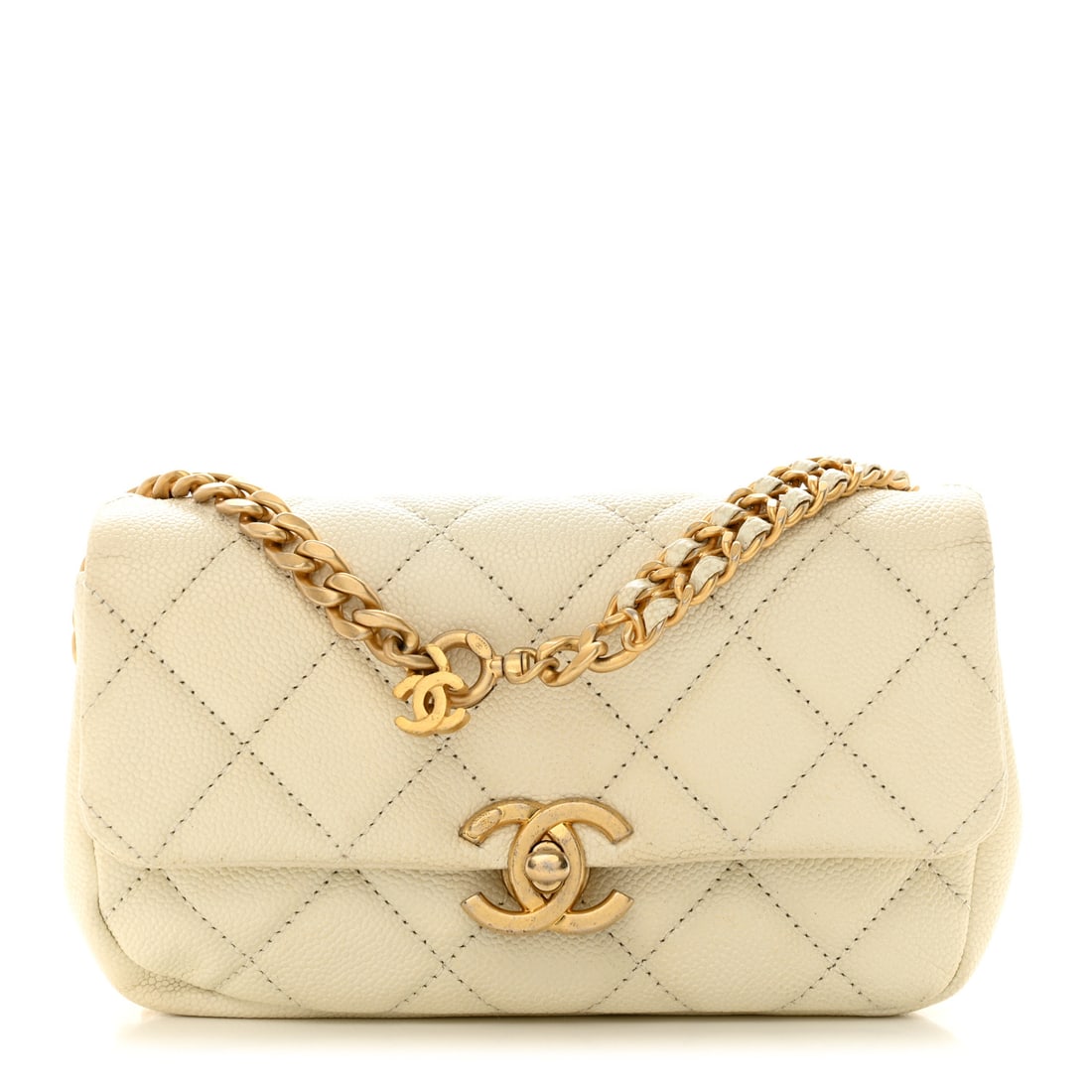 Chanel Caviar Quilted Chain Melody: Chanel Caviar Quilted Chain Melody Waist Belt Bag White Location: Pickup today in our San Diego Flagship Brand: CHANEL Condition: Shows Wear Condition Details: Exterior: Corner wear, creases, scuffs,