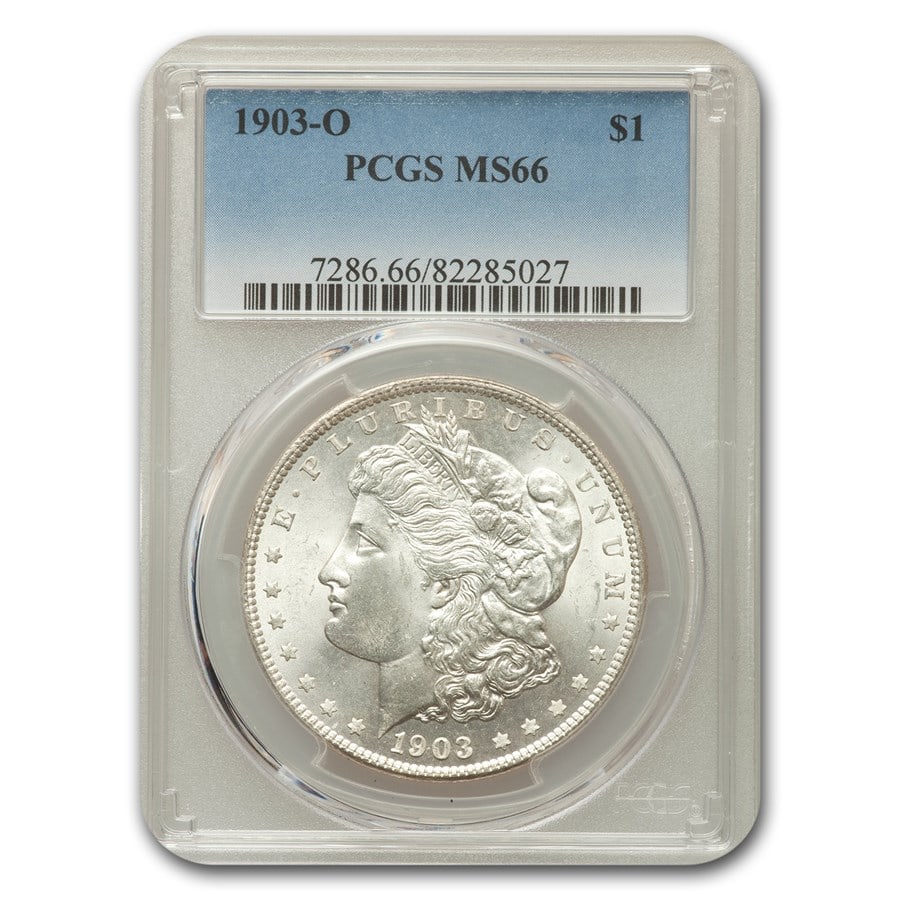 1903-O Morgan Dollar MS-66 PCGS: 1903-O Morgan Dollar MS-66 PCGS SKU n: RBJ115114 Year: 1903 Grade: MS-66 Grade Service: PCGS Denomination: 1 Dollar Mint Mark: O - New Orleans Metal Content: 0.7734 troy oz Purit
