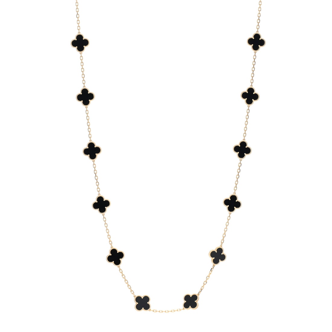 Van Cleef & Arpels 18K: Van Cleef & Arpels 18K Yellow Gold Black Onyx 20 Motifs Vintage Alhambra Necklace Item #: 1434333 Condition: Very Good Condition Details: Hardware: Scratch(es), Other: Minor wear to stone(s) Year: 201