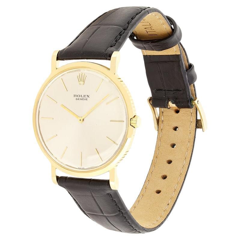Vintage Rolex Cellini, c.1960s: Vintage Rolex Cellini, c.1960s BRAND: Rolex Design: Cellini Watch Case Material: 18k Gold, Yellow Gold Strap Material: Leather Case Shape: Round Movement: Manual Wind Place of Origin: Uni