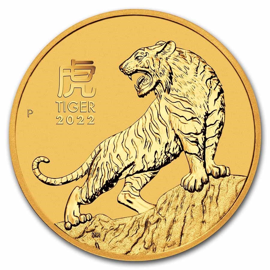 2022 Australia 1/10 oz Gold: 2022 Australia 1/10 oz Gold Lunar Tiger BU (Series III) SKU n: RBJ237630 Year: 2022 Grade: Brilliant Unc Grade Service: None Denomination: 15 Australian Dollars Mint Mark: P - Perth Metal