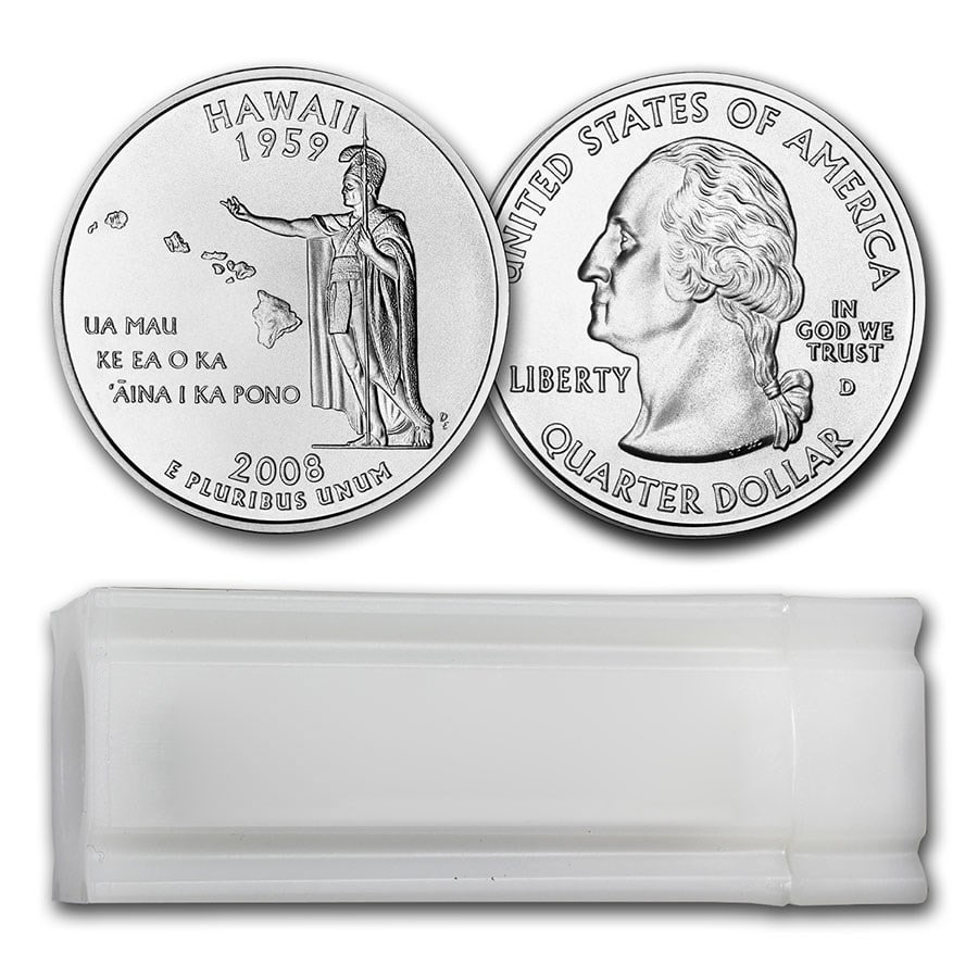 2008-D Hawaii Statehood Quarter 40-Coin: 2008-D Hawaii Statehood Quarter 40-Coin Roll BU SKU no: RBJ13348 Year: 2008 Grade: Brilliant Unc Grade Service: None Denomination: 25 Cents Mint Mark: D - Denver Metal Content: 0 troy oz
