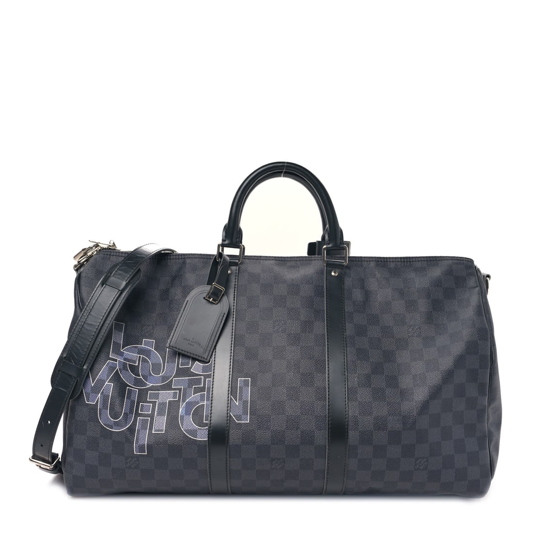 Louis Vuitton Damier Graphite Logo: Louis Vuitton Damier Graphite Logo Keepall Bandouliere 50 Gris Item #: 1377906 Brand: LOUIS VUITTON Condition: Excellent Condition Details: Exterior: Corner wear, creases, faint scuffs, Hardware: Scra