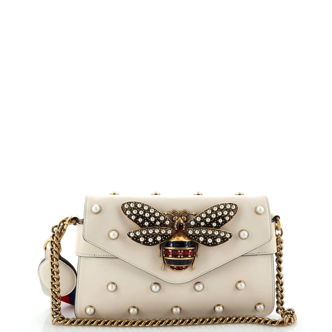Gucci Broadway Pearly Bee Shoulder Bag Embellished Leather Mini: Gucci Broadway Pearly Bee Shoulder Bag Embellished Leather Mini Exterior Color: White Interior Color: Brown Exterior Material: Leather Interior Material: Leather Hardware Color: Aged Gold Accessor
