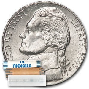 2003-D Jefferson Nickel 40-Coin Roll: 2003-D Jefferson Nickel 40-Coin Roll BU SKU n: RBJ29628 Year: 2003 Grade: Brilliant Unc Grade Service: None Denomination: 5 Cents Mint Mark: D - Denver Metal Content: 0 troy oz P