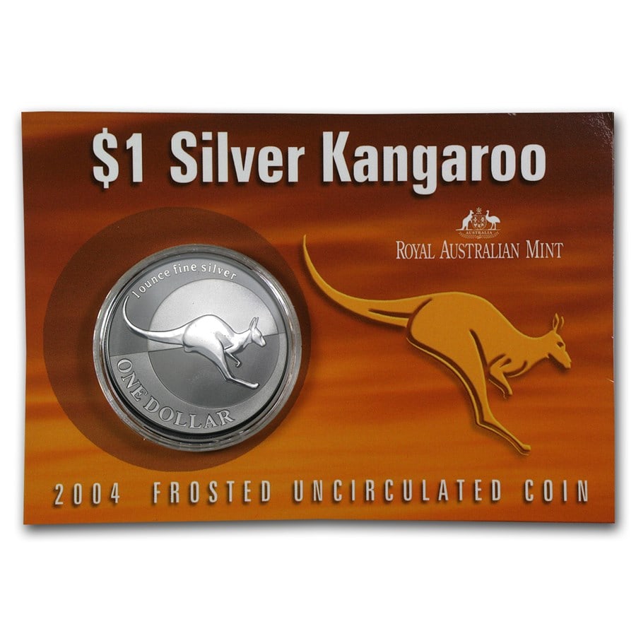 2004 Australia 1 oz Silver: 2004 Australia 1 oz Silver Kangaroo (In Display Card) SKU n: RBJ1115 Year: 2004 Grade: Brilliant Unc Grade Service: None Denomination: $1.00 Dollar Mint Mark: N/A - Not Available Metal Co