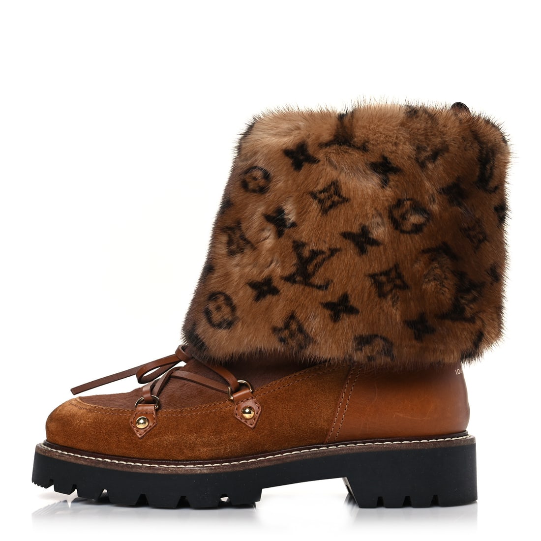 Louis Vuitton Calfskin Mink Fur: Louis Vuitton Calfskin Mink Fur LV Territory Ranger Combat Boots 38 Brown Item #: 1396011 Brand: LOUIS VUITTON Condition: Excellent Condition Details: Exterior: Scuffs, marks, Interior: Surface wear,