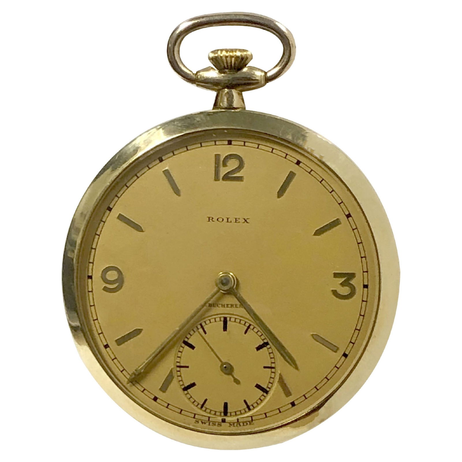 Rolex 1940s Bucherer Retailed Gold: Rolex 1940s Bucherer Retailed Gold Filled Pocket Watch BRAND: Rolex Case Material: Gold-filled Movement: Manual Wind Case Dimensions: Diameter: 1.74 in (44 mm) Place of Origin: Switzerland Period: