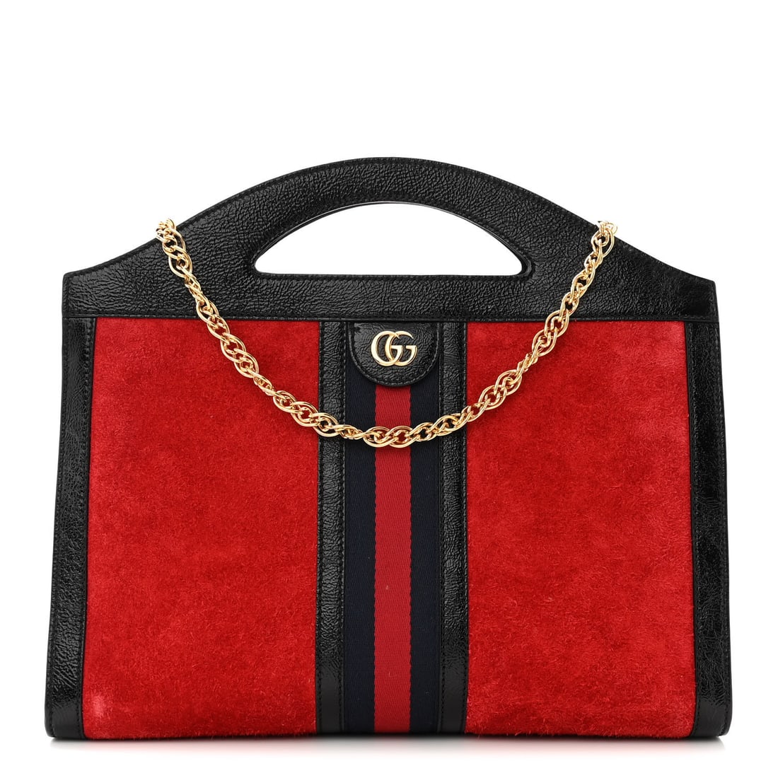 Gucci Suede Patent GG Web: Gucci Suede Patent GG Web Medium Ophidia Top Handle Chain Hibiscus Red Item #: 1376275 Brand: GUCCI Condition: Very Good Condition Details: Exterior: Corner wear, edge wear, marks, marks, surface wear