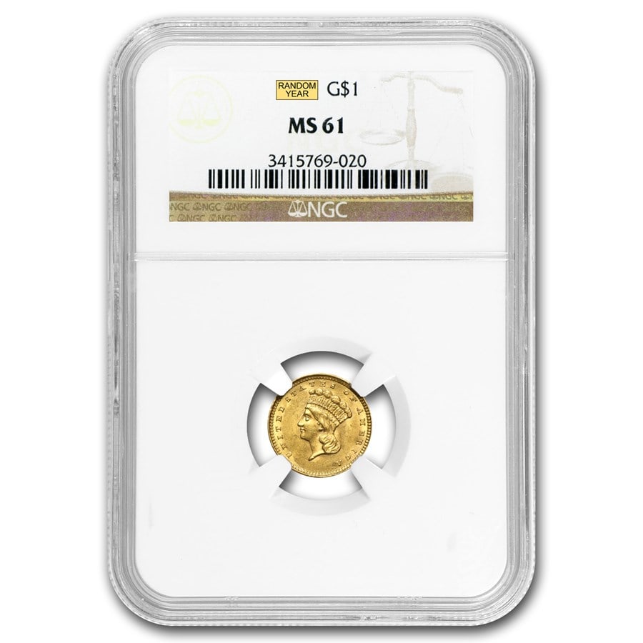 $1 Indian Head Gold Dollar: $1 Indian Head Gold Dollar Type 3 MS-61 NGC/PCGS SKU n: RBJ22175 Year: Random - (1856-1889) Grade: MS-61 Grade Service: PCGS &/or NGC Denomination: $1.00 Mint Mark: Varies Metal Content: