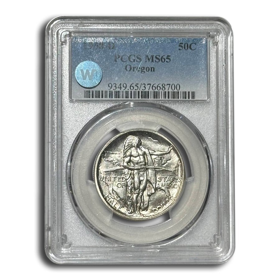 1938-D Oregon Commemorative Half Dollar: 1938-D Oregon Commemorative Half Dollar MS-65 PCGS SKU no: RBJ271184 Year: 1938 Grade Service: PCGS Denomination: 50 Cents Metal Content: 0.3617 troy oz Purity: .900 Thickness: 2.15 mm