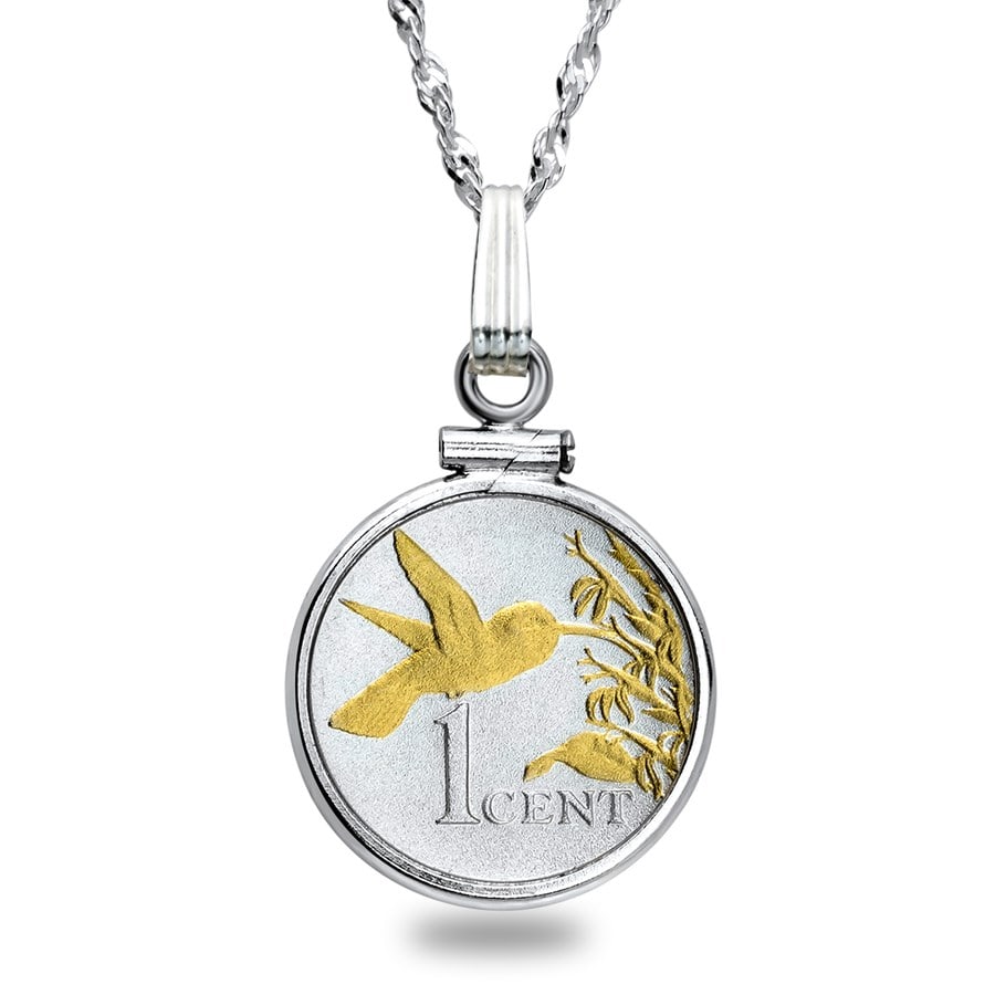 Trinidad Cent Hummingbird Necklace: Trinidad Cent Hummingbird Necklace SKU no: RBJ90026 Metal: Sterling Silver Chain Type: Singapore Chain Length: 18 in Chain Width: 1.5 mm