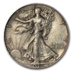 1946 Walking Liberty Half Dollar: 1946 Walking Liberty Half Dollar XF SKU no: RBJ10106 Year: 1946 Grade: Extra Fine Grade Service: None Denomination: $0.50 Mint Mark: P - Philadelphia (Not Shown) Metal Content: 0.3575 tro