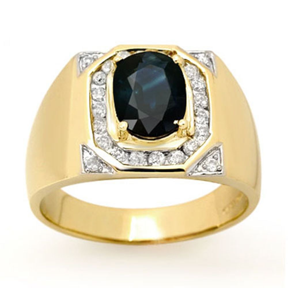 3.10 ctw Blue Sapphire & Diamond Men's Ring 14k Yellow Gold: 3.10 ctw Blue Sapphire & Diamond Men's Ring 14k Yellow Gold Item: Sapphire Ring Total Gem weight: 3.1 carats Metal: Solid 14k Yellow Gold Gold Product Weight: Approx. 10.5 grams Jewelry Note: