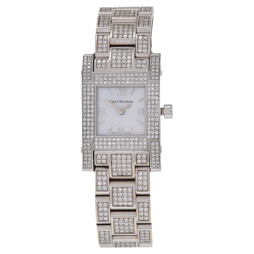 Carl F. Bucherer Pathos 18K: Carl F. Bucherer Pathos 18K White Gold Mother of Pearl and Diamond Watch Brand: Carl F. Bucherer Case Material: White Gold Stone: Diamond Stone Cut: Round Cut Strap Material: White Gold Case Shape