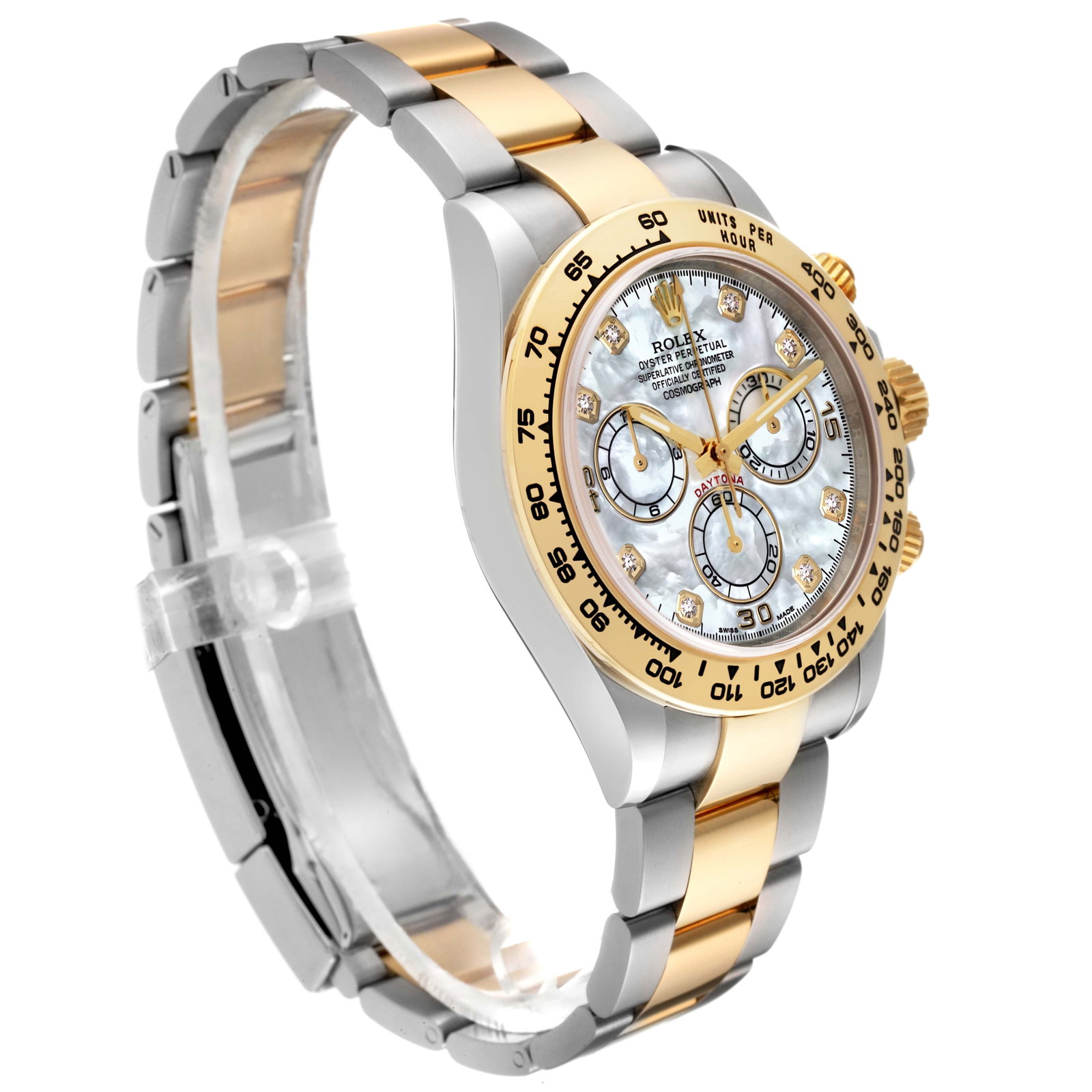 Rolex Daytona Steel Yellow Gold: Rolex Daytona Steel Yellow Gold Mother of Pearl Diamond Watch 116503 Box Card SKU no: RBJ62624 Brand: Rolex Model Name: Rolex Daytona Steel Yellow Gold Mother of Pearl Diamond Watch 116503 Box Card Mo
