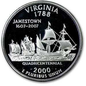 2000-S Virginia State Quarter Gem: 2000-S Virginia State Quarter Gem Proof (Silver) SKU no: RBJ47197 Year: 2000 Grade: Gem Proof Grade Service: None Denomination: 25 Cents Mint Mark: S - San Francisco Metal Content: 0.1808