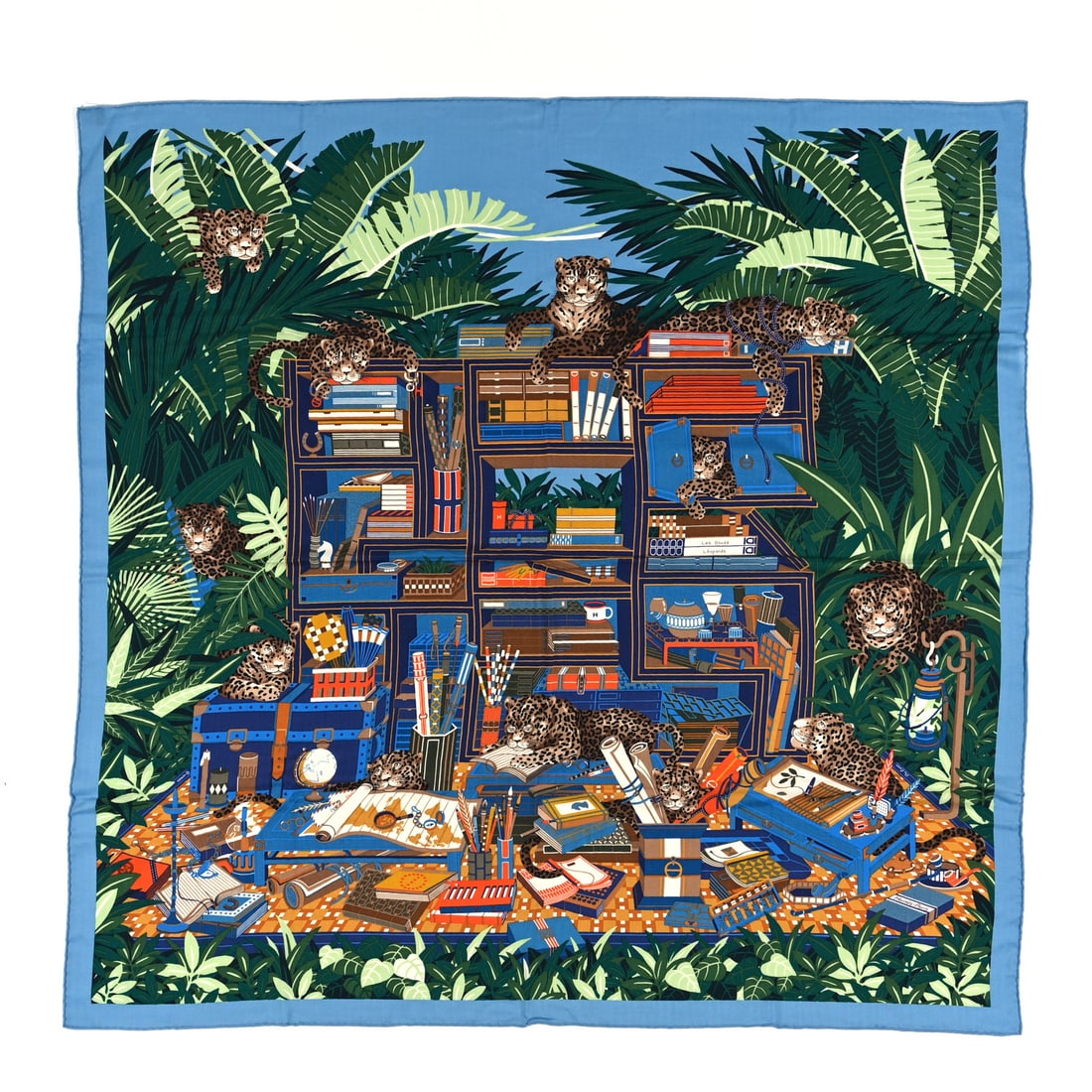 Cashmere Silk Les Douze Leopards: Hermes Cashmere Silk Les Douze Leopards Shawl 140 Bleu Moyen Vert Brand: HERMES Condition: Giftable Condition Details: Exterior: Pilling, Box Length: 53.5 in Height: 53.5 in SKU no: RBJ1456170 <b